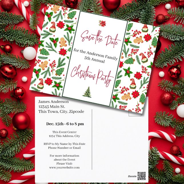 Family Christmas Party Save the Date Holly Berry Postcard (Family Christmas Party Save the Date Holly Berry Postcard)