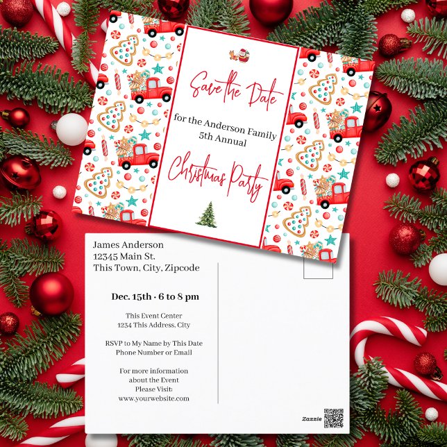 Family Christmas Party Save the Date Red Truck Postcard (Family Christmas Party Save the Date Red Truck Postcard)