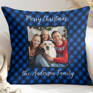 Family Christmas Personalised Photo Blue Plaid Cushion