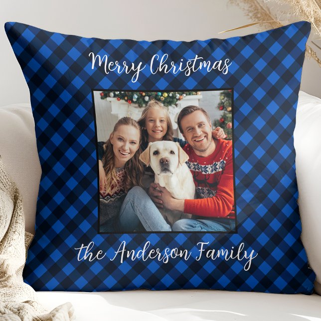 Family Christmas Personalised Photo Blue Plaid  Cushion (Creator Uploaded)