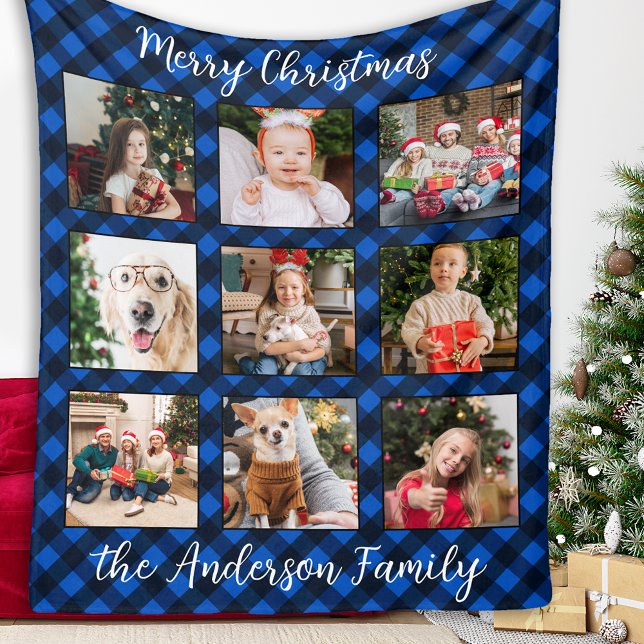 Family Christmas Personalised Photo Collage Plaid  Fleece Blanket (Creator Uploaded)