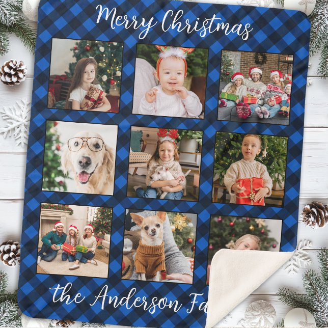 Family Christmas Personalised Photo Collage Plaid  Sherpa Blanket (Creator Uploaded)