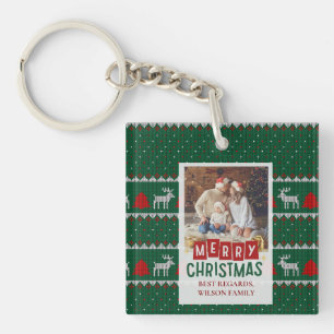 Family Christmas Photo Card with Knitted Sweater  Key Ring