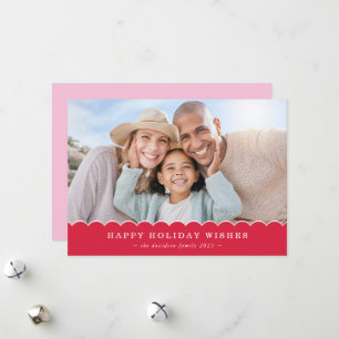 FAMILY CHRISTMAS PHOTO cute fun scallop red pink Holiday Card
