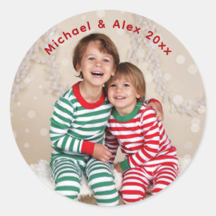 Family Christmas Photo with Names Classic Round Sticker