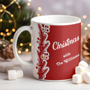 Family Christmas   Pine Border Modern Family Name Coffee Mug