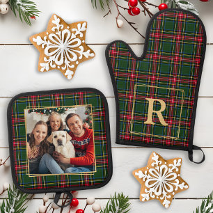 Family Christmas Plaid Custom Gold Monogram Photo Oven Mitt & Pot Holder Set