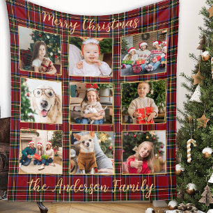 Family Christmas Plaid Gold Custom Photo Collage Fleece Blanket