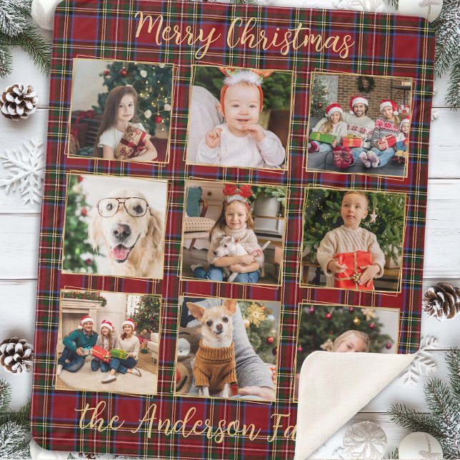 Family Christmas Plaid Gold Custom Photo Collage Sherpa Blanket (Creator Uploaded)