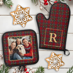 Family Christmas Plaid Gold Personalised Photo Oven Mitt & Pot Holder Set