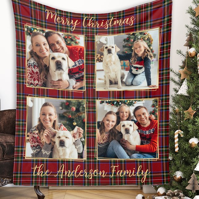 Family Christmas Plaid Personalised Photo Collage Fleece Blanket (Creator Uploaded)