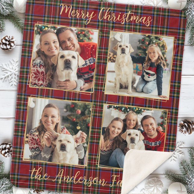 Family Christmas Plaid Personalised Photo Collage Sherpa Blanket (Creator Uploaded)
