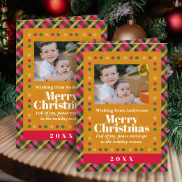 Family Christmas Plaid Photo Gold Holiday Postcard