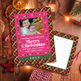 Family Christmas Plaid Photo Red Holiday Postcard