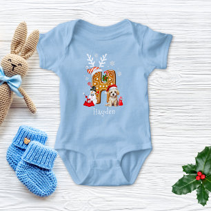 Family Christmas Puppy Gingerbread Letter H Boy Baby Bodysuit