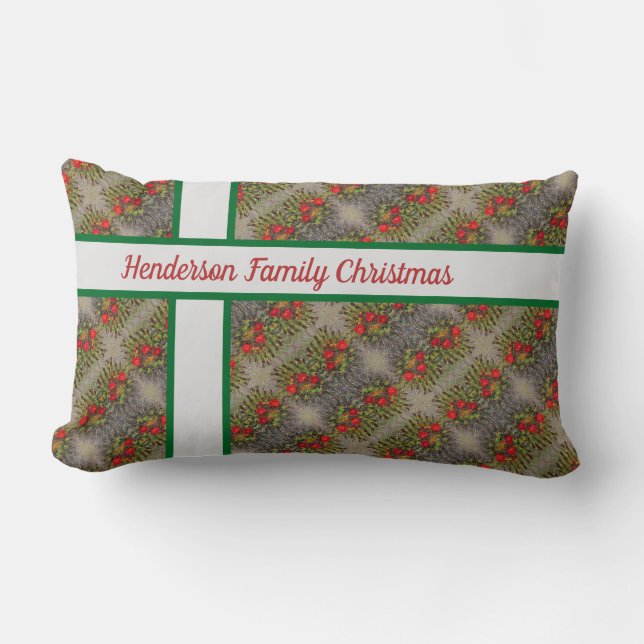Family Christmas Red Green Holiday Pattern Lumbar Cushion (Front)
