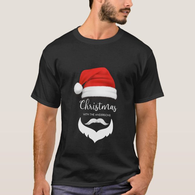 Family Christmas |Santa Hat Minimalist Family Name T-Shirt (Front)