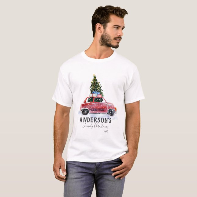 Family Christmas T Shirt - Vintage Red Car (Front Full)