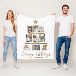 Family Christmas tree gold star photo Collage Fleece Blanket