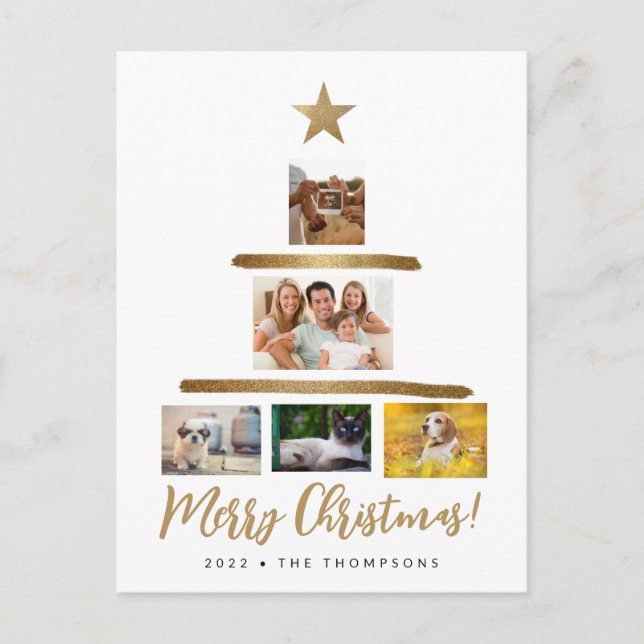 Family Christmas tree photo Collage Gold star Holiday Postcard (Front)