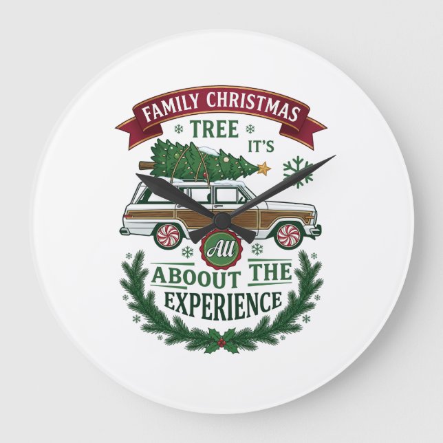 Family Christmas Tree Station Wagon Pine Wreath Large Clock (Front)