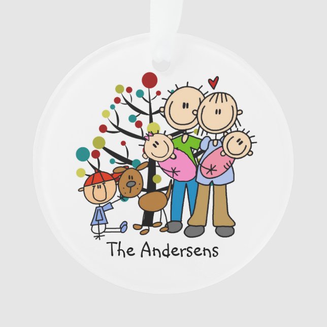 Family Christmas Twin Girls, Boy, Dog, Mum and Dad Ornament (Front)