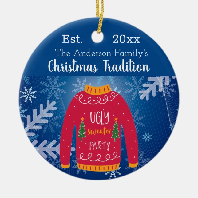 Family Christmas ugly sweater red blue monogram Ceramic Tree Decoration (Front)