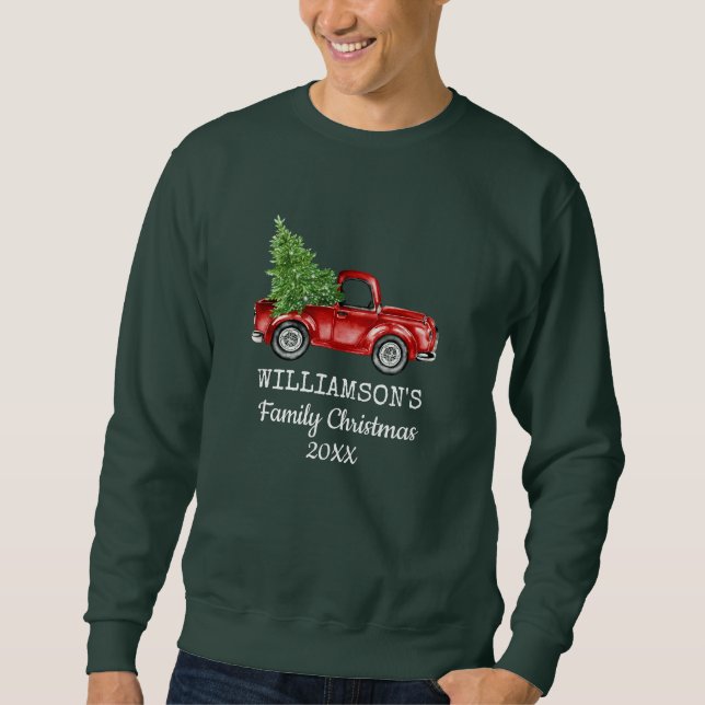 Family Christmas Vintage Truck Personalised Green Sweatshirt (Front)