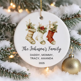 Family Christmas Watercolor Stockings Ceramic Tree Decoration