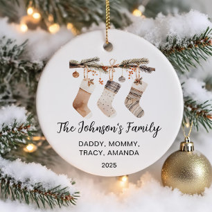 Family Christmas Watercolor Stockings Photo Ceramic Tree Decoration