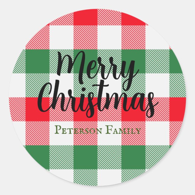 Family Christmas White Green and Red Buffalo Plaid Classic Round Sticker (Front)