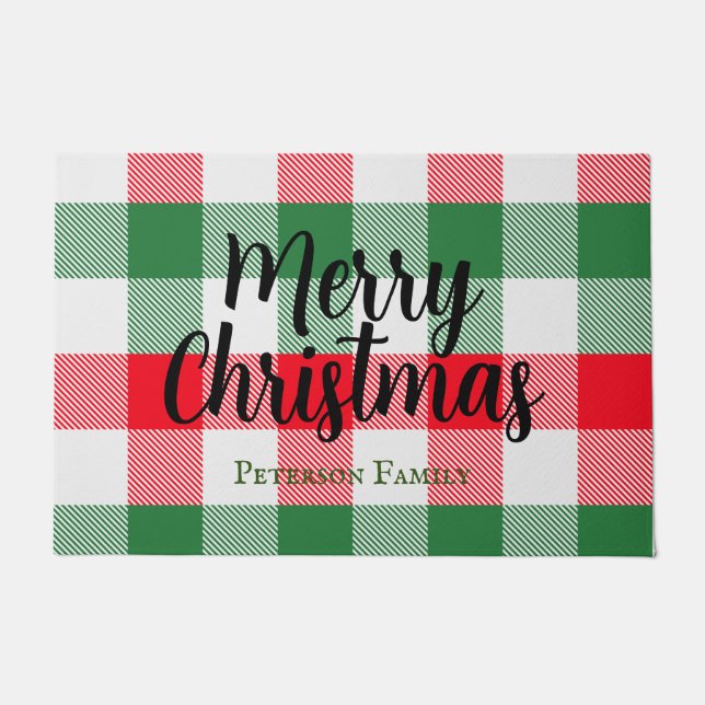 Family Christmas White Green and Red Buffalo Plaid Doormat (Front)