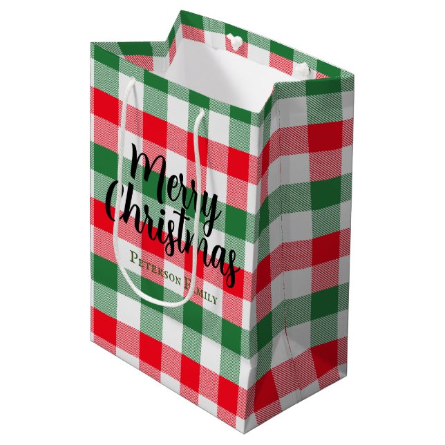 Family Christmas White Green and Red Buffalo Plaid Medium Gift Bag (Front Angled)