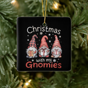 Family Christmas WIth My Gnomies Buffalo Plaid Ceramic Ornament