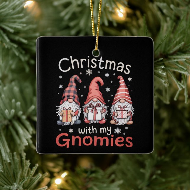 Family Christmas WIth My Gnomies Buffalo Plaid Ceramic Ornament (Tree)