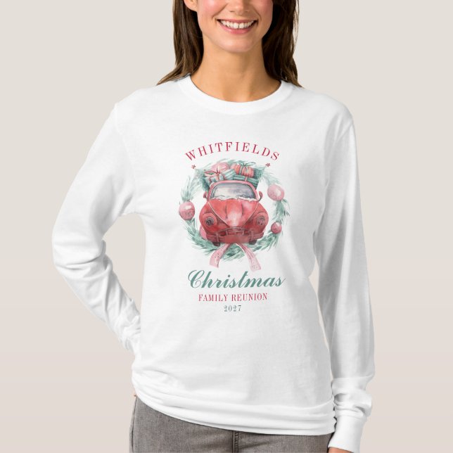 Family Christmas Wreath Red Car Matching Holiday T-Shirt (Front)