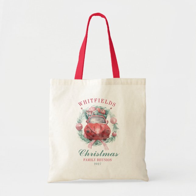 Family Christmas Wreath Red Car Matching Holiday Tote Bag (Front)