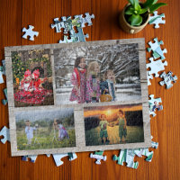 Family collage 4 photos on rustic faux wood