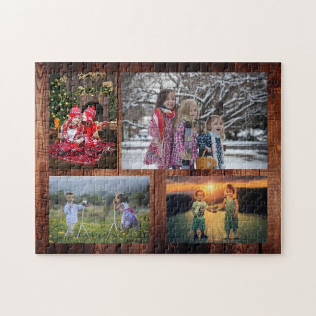 Family collage 4 photos on rustic wood jigsaw puzz jigsaw puzzle (Horizontal)