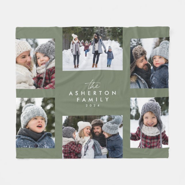 Family collage 6 photo simple modern sage green fleece blanket (Front (Horizontal))