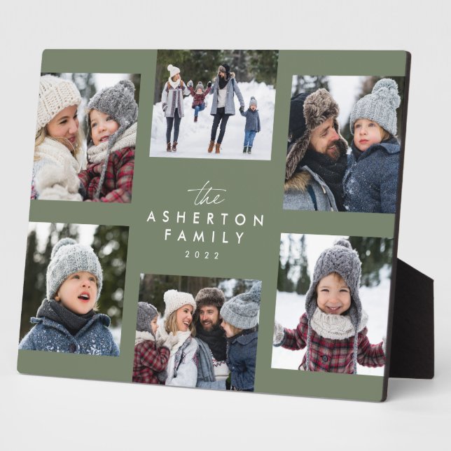 Family collage 6 photo simple modern sage green plaque (Side)