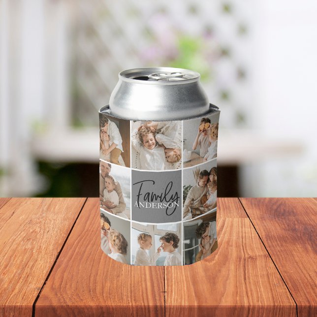 Family Collage Photo & Personalised Grey Gift Can Cooler (Creator Uploaded)