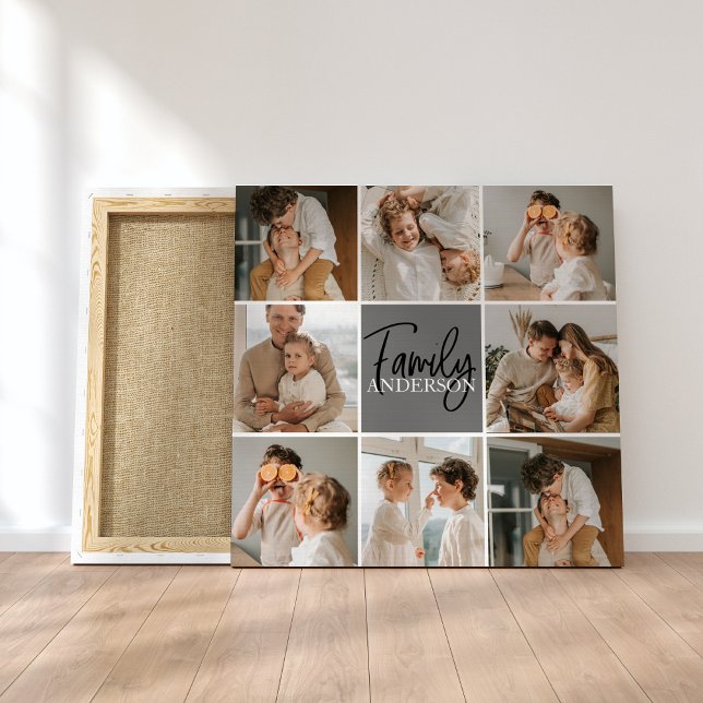 Family Collage Photo & Personalised Grey Gift Canvas Print (Creator Uploaded)