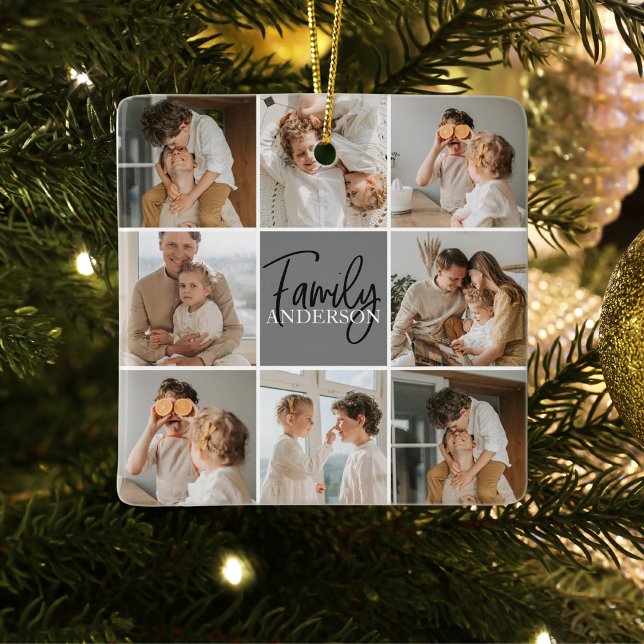 Family Collage Photo & Personalised Grey Gift Ceramic Ornament (Creator Uploaded)
