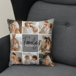 Family Collage Photo & Personalised Grey Gift Cushion<br><div class="desc">Create a beautiful and personalised family collage with eight photos, accompanied by a personalised family name in grey. This unique and thoughtful gift is perfect for commemorating special moments and celebrating the love and bond within a family. The collage features eight carefully selected photos that you can provide, showcasing cherished...</div>