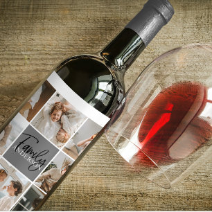 Family Collage Photo & Personalised Grey Gift Wine Label