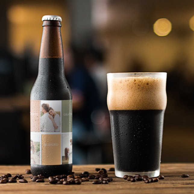 Family Collage Photo | Thankful Blessed Grateful Beer Bottle Label (Creator Uploaded)