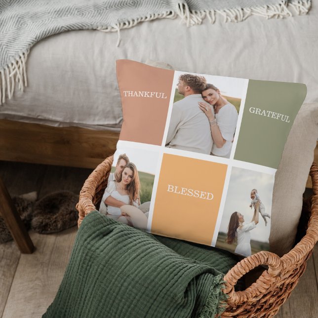 Family Collage Photo | Thankful Blessed Grateful Cushion (Creator Uploaded)