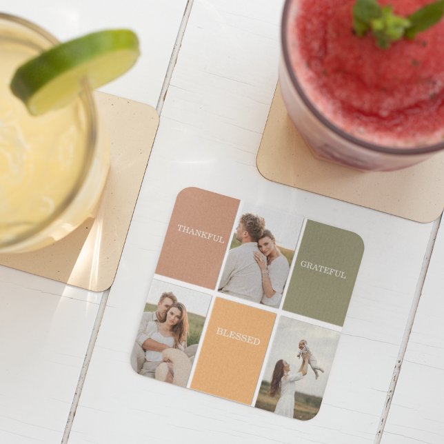 Family Collage Photo | Thankful Blessed Grateful Glass Coaster (Creator Uploaded)