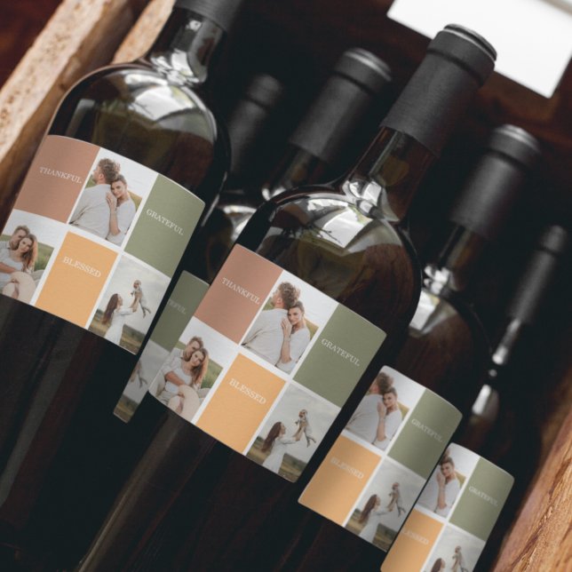 Family Collage Photo | Thankful Blessed Grateful Wine Label (Creator Uploaded)